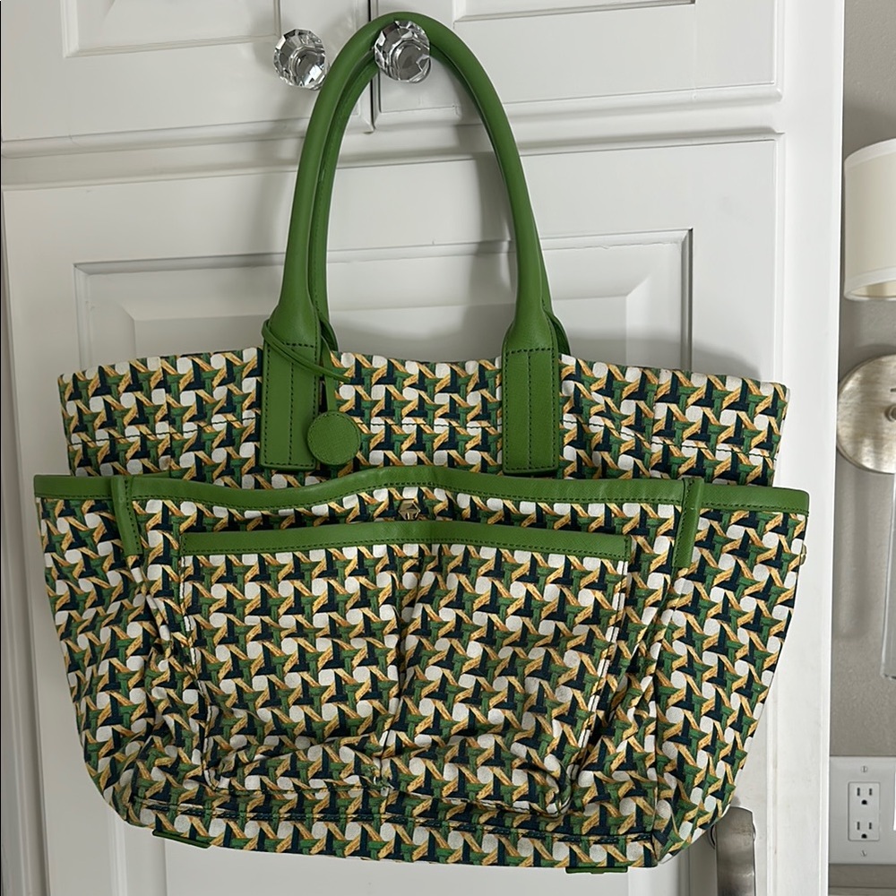 Tory Burch Green and Yellow Tote with Circular Pattern